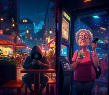 The image is split vertically: on the left, a hooded figure sits alone at a cafe table, engrossed in a phone amidst a lively outdoor setting, while on the right, an elderly woman looks perplexed and concerned while holding cash and a phone near an ATM at night.